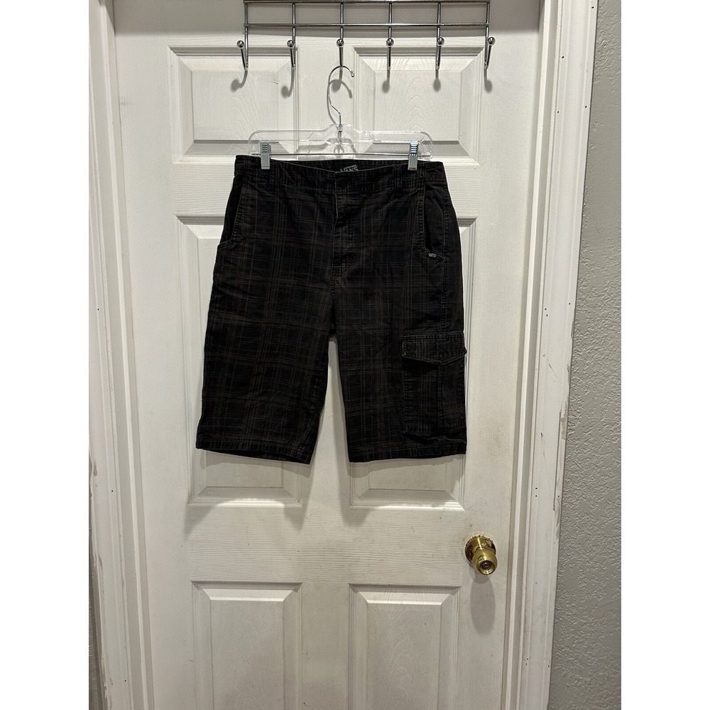 Vans Mens Plaid Cargo Shorts Size 30 Black Grey Checkered Cotton Skate Casual